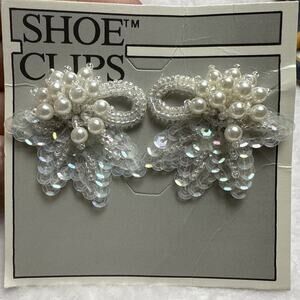 Shoe Bow Clips White Sequin Vintage 80s Bow Coquette Retro New Bridal Wedding